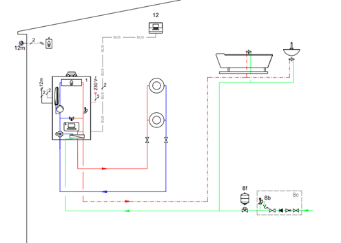 Schemat hydrauliczny z kotłem gazowym dwufunkcyjnym Saunier Duval.